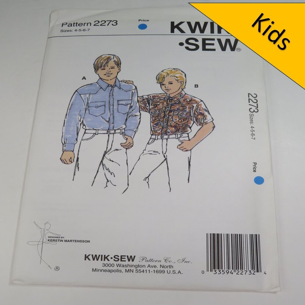 kwik sew 2273 boys child shirt size 4-7 UNCUT